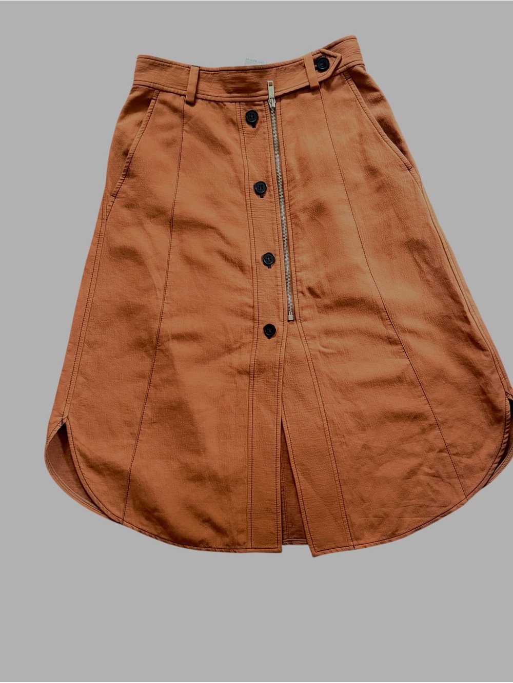 SPORTMAX Rust Brown A-Line Midi Skirt with Front Buttons and Zip